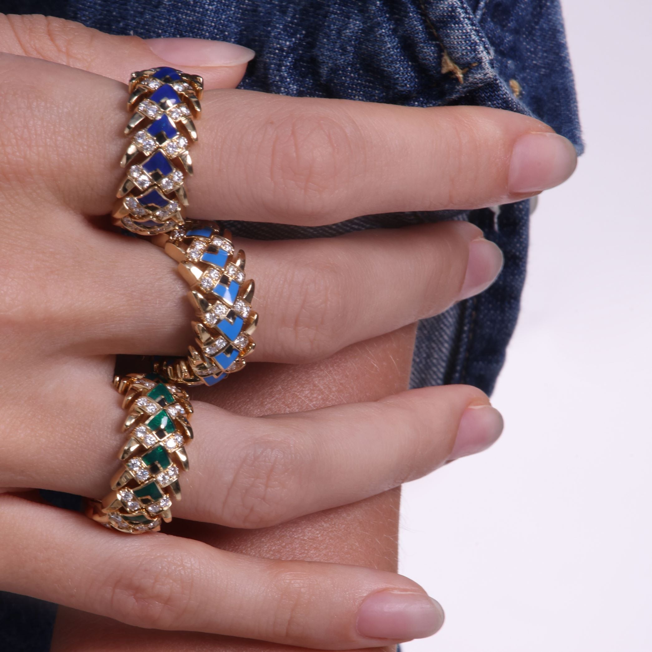 Palm Leaves Ceramic & Diamond Ring - Yellow Gold