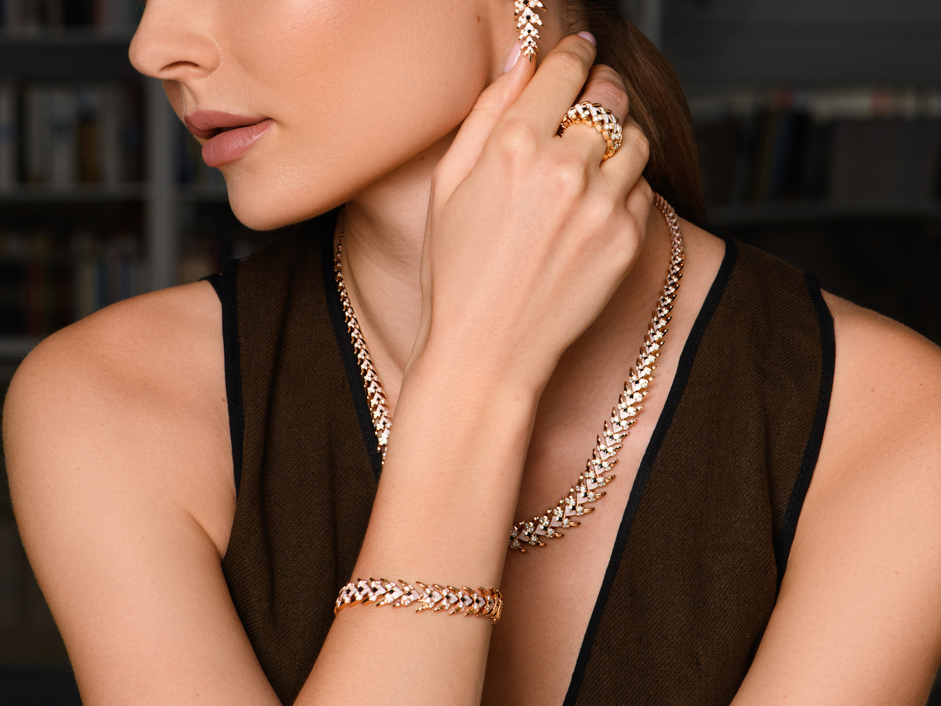 Palm Leaves Ceramic & Diamond Bracelet Small