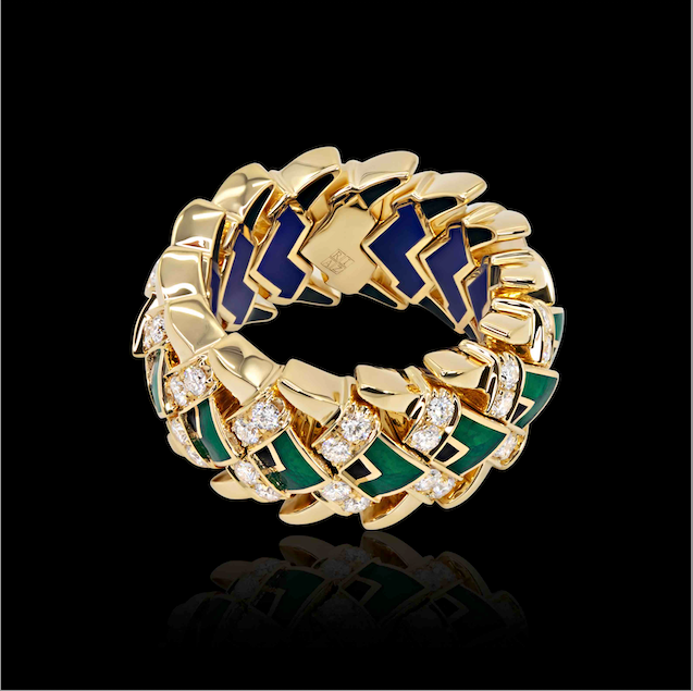Palm Leaves Ceramic & Diamond  Ring - Yellow Gold